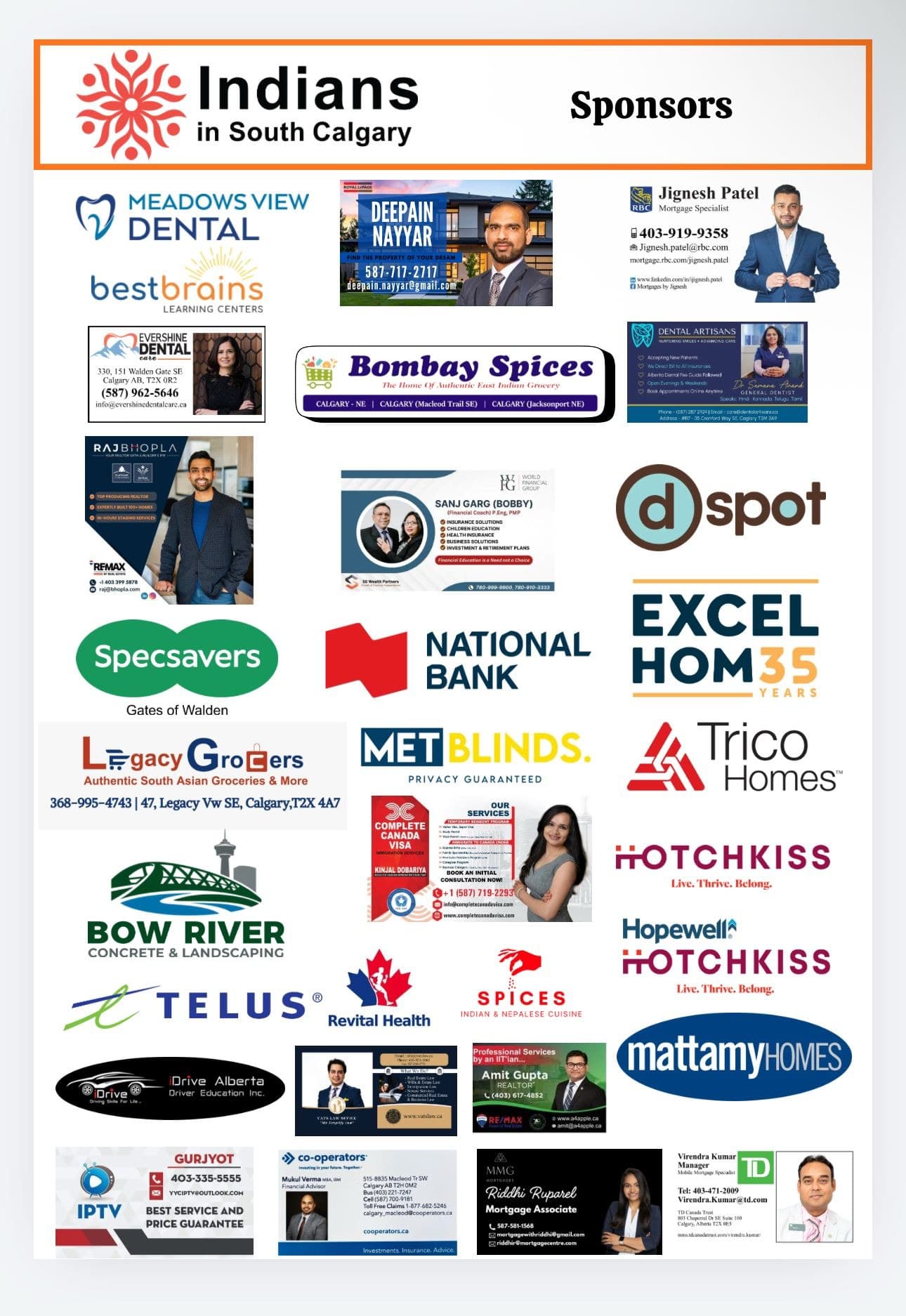 Indians in South Calgary sponsors